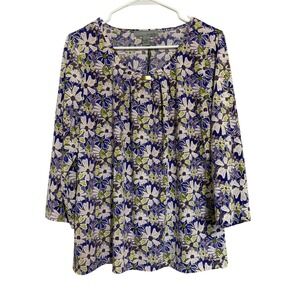 By Design Purple Floral Daisy Pleated Gold Bar Womens Large 3/4 Sleeve Blouse